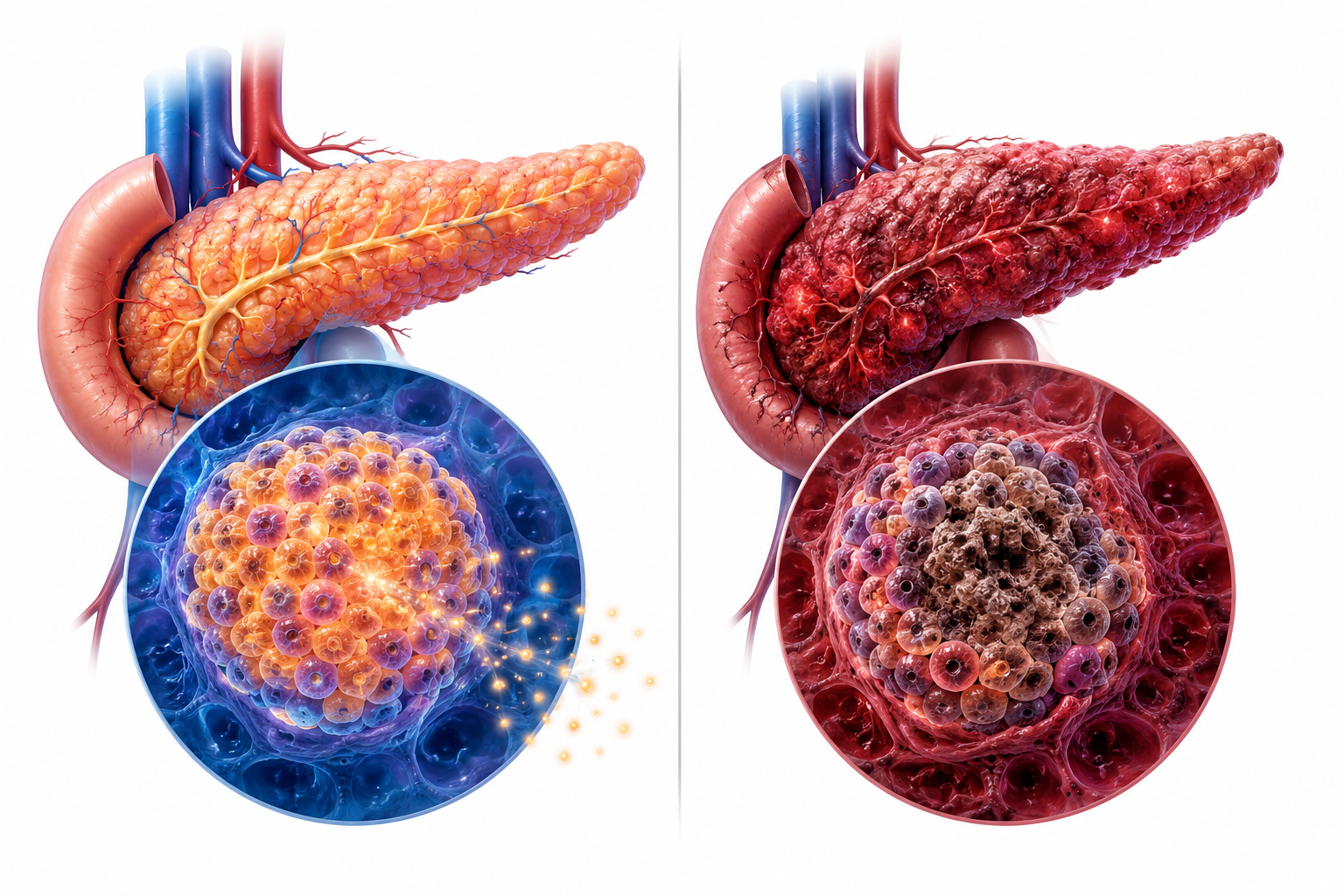 Healthy vs. damaged pancreatic beta cells